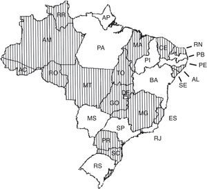 Map of Brazil showing the states that participated in the study (striped regions).