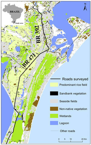 Location of the roads that were surveyed and the land-use classes.