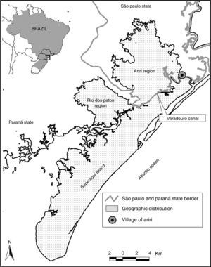 Territory of action of the Integrated Conservation Program for black-faced lion tamarin. Ariri is the main village of this region of Cananeia municipality, São Paulo state, Brazil.