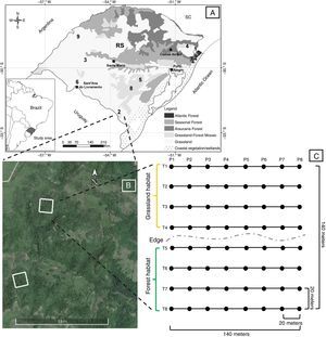 Sampling scheme showing: (A) study region and sampled sites from Luza et al. (2015a), where: 1, 4, 7=Brazilian Highland Grasslands; 2, 5, 8=Serra do Sudeste; 3, 6, 9=Campanha (the numeric order represent the sampling order); (B) distribution of grids on sites; and (C) grid dimensions, where T: transect and P: point on Forest and Grassland habitats, from Luza et al. (2015a). Site Image (2) from Google Earth® (2016).