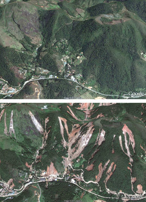 In 2011, heavy rainfall in the mountain ranges of Rio de Janeiro killed hundreds of people and dislodged thousands, mainly in areas such as hilltops, steep slopes and riverbanks, which should have been protected under the 1965 Forest Code but whose protection was reduced by the Native Vegetation Protection Law. The image on the top shows an area before the landslide and on the bottom, the same area after heavy rainfall in 2011. Note also the impacts caused on the lower regions, where houses were built within APP.