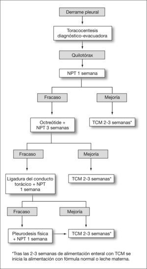 Protocolo terapéutico del quilotórax neonatal aplicado en nuestra serie. NPT: nutrición patenteral total; TCM: triglicéridos de cadena media.