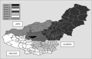 División por sectores de las zonas de estudio de la provincia de Granada.
