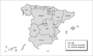 Distribución en el territorio español por comunidades autónomas del número de centros elegibles con asistencia a recién nacidos con peso inferior a 1.500g al nacimiento de los que finalmente respondieron al cuestionario.