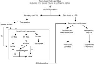 Score y algoritmo para el diagnóstico genético de síndromes hereditarios de fiebre periódica62. Score diagnóstico de Gaslini: Edad al inicio (meses). Dolor abdominal: nunca (0), a veces (2), a menudo (2), siempre (3). Aftosis: nunca (0), a veces (1), a menudo (1), siempre (2). Dolor torácico: nunca (0), a veces (1), a menudo (1), siempre (1). Diarrea: nunca (0), a veces (1), a menudo (2), siempre (3). Historia familiar: si (1), no (0). Estos datos se incluyen en el programa creado al efecto y disponible en: www.printo.it/periodicfever/ para el cálculo del valor de riesgo. FMF: fiebre mediterránea familiar. MVK: mevalonato kinasa. MEFV: gen Mediterranean Fever.