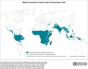 Países con áreas de riesgo de transmisión de malaria. Fuente: WHO, 2011.