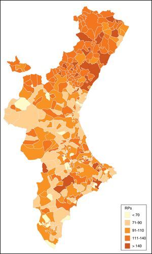 Razones de prevalencia suavizadas por anomalías congénitas cardíacas. Comunitat Valenciana, 1999-2008.