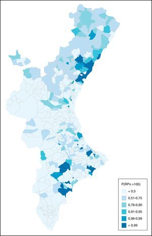 Probabilidad de que las razones de prevalencia suavizadas por anomalías congénitas cardíacas sean superiores a 100. Comunitat Valenciana, 1999-2008.