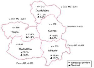 Valores medios del Z score para el IMC y prevalencia de sobrecarga ponderal y obesidad por provincias, según el criterio de Sobradillo et al., 2004.