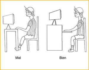 Imagen de postura delante del ordenador recogida en el folleto de la EDEJ.