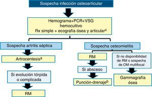 Algoritmo diagnóstico de la infección osteoarticular. a En la artritis séptica de cadera y hombro debe considerarse la realización de descompresión articular lo antes posible (véase el texto). b La punción-drenaje se podrá realizar guiada por ecografía o tomografía computarizada. c La ecografía es muy útil para la orientación diagnóstica inicial de la artritis séptica, pero no tanto de la osteomielitis (véase el texto).