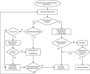 Algoritmo de actuación ante un derrame pleural paraneumónico significativo. a) El derrame pleural no significativo (pinzamiento, volumen mínimo) se abordará como neumonía no complicada. b) En casos seleccionados, se podría realizar toracocentesis diagnóstica con un volumen menor. c) Estos hallazgos, de disponibilidad rápida, son indicación de drenaje pleural inmediato, en el mismo acto asistencial. Otros hallazgos en el líquido pleural, cuyos resultados se pueden demorar en el tiempo, como: visualización de bacterias con la tinción de Gram, cultivo positivo, LDH > 1.000 UI/ml, glucosa < 40-60mg/dl, podrían servir para la indicación de drenaje pleural a posteriori. Estos datos bioquímicos, junto al recuento leucocitario, están en desuso para la toma de decisiones. En líquido pleural, la positividad de la PCR a alguna bacteria o el antígeno neumocócico (BinaxNow) positivo no se tomarán como criterios aislados para la decisión de colocar un tubo pleural. d) En ausencia de empiema, en determinadas circunstancias y pacientes, y si no hay disponibilidad a corto plazo de personal con formación en la colocación y mantenimiento de un drenaje pleural, se podría considerar la toracocentesis evacuadora. e) Considerar otras causas de mala evolución: neumonía necrosante, absceso pulmonar.