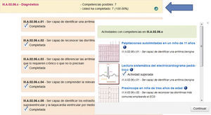 Competencias del área de Trastornos de la frecuencia y el ritmo, con ventana desplegada de actividades relacionadas. El alumno, al hacer clic sobre el icono gráfico, puede seleccionar las actividades desarrolladas en Continuum, cuya realización le permitirá adquirir una competencia dada.