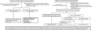Neonatos asintomáticos después de parto vaginal/cesárea de mujeres con lesiones genitales en el momento del parto. Previamente a la aplicación de este algoritmo hay que asegurarse junto con el microbiólogo de la disponibilidad de las técnicas y que los tiempos de respuesta son adecuados. ¥El estudio diagnóstico y el tratamiento se realizarán previamente en caso de que el recién nacido presente signos de infección por VHS. Algunos expertos recomiendan la realización de tomas de muestras y el inicio de tratamiento de forma inmediata tras el parto en caso de rotura prolongada de membranas y en el caso de recién nacidos prematuros. $Si el recién nacido se encuentra asintomático y la PCR es negativa, se puede valorar el alta hospitalaria a las 48h si hay condiciones adecuadas para una vigilancia domiciliaria y de acceso inmediato al hospital.