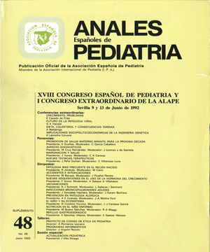 Portada del Suplemento correspondiente al XVIII Congreso Español de Pediatría y I Congreso extraordinario de la ALAPE celebrado en Sevilla en junio de 1992.
