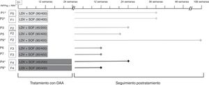 Tratamiento con antivirales de acción directa. En la primera columna se especifica el número de paciente. Con asterisco (*), los pacientes tratados previamente con interferón-ribavirina. La segunda columna determina el grado de fibrosis pretratamiento según la escala Metavir. Tercera columna: dosis y duración de tratamiento. Las líneas especifican el seguimiento posterior a la finalización de tratamiento.