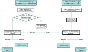 Algoritmo de seguimiento. APLV: alergia a proteínas de leche de vaca; FPIES: síndrome de enterocolitis inducida por proteínas alimentarias; PLV: proteínas de la leche de vaca. 1 La periodicidad de la prueba queda a criterio del clínico, siendo recomendable una frecuencia mayor cuanto más leve sea el cuadro. En caso de transgresiones acompañadas de síntomas, posponer. 2 Se consideran pacientes de riesgo de desarrollo de un mecanismo IgE mediado los que presentan antecedentes personales de atopia y aquellos que manifestaron síntomas inmediatos tras la ingesta de PLV. 3 En caso de no disponibilidad en Atención Primaria, debe realizarse derivación a Atención Especializada. 4 Realización según protocolo IgE en caso de prick/IgE positiva.