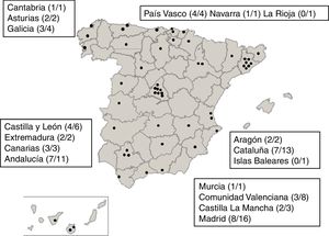 Localización de las Unidades de Cuidados Intensivos Neonatales (UCIN) participantes en el sistema de vigilancia español NeoKissEs. Las cifras entre paréntesis corresponden a (número de UCIN reclutadas/número de UCIN invitadas a participar) en cada comunidad autónoma.