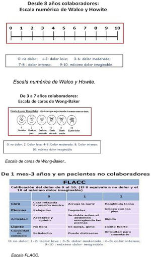 Escala modificada de Ashworth, escala numérica de Walco y Howite, escala de caras de Wong-Baker y escala FLACC. FLACC: Cara, piernas, actividad, llanto y consolabilidad. Escala de Asworth modificada: Es una escala subjetiva que valora de 0 a 4 el grado de espasticidad, que en adultos ha demostrado su fiabilidad (en su versión modificada) tanto en la espasticidad de los flexores del codo como en la espasticidad de los flexores plantares. Valores: 0 No incremento de tono, normal. 1 Ligero incremento en tono, con resistencia mínima durante parte del movimiento articular. 1+ Presencia de enganche durante el recorrido articular. 2 Incremento moderado de tono a lo largo del movimiento articular. 3 Incremento marcado, difícil de completar el arco de movimiento. 4 Contractura fija.