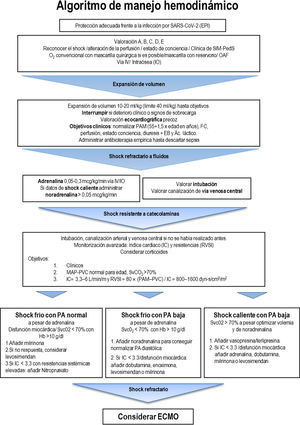 Algoritmo de manejo hemodinámico en el SIM-PedS. EB: exceso de bases; ECMO: circulación por membrana extracorpórea; FC: frecuencia cardiaca; FR: frecuencia respiratoria; IC: índice cardiaco; IV: intravenoso, PAS: presión arterial sistólica; OAF: oxigenoterapia de alto flujo; PAM: presión arterial media; PVC: presión venosa central; RVSI: índice de resistencia sistémicas; SvCO2: saturación venosa central. Modificada de American College of Critical Care Medicine Clinical Practice Parameters for Hemodynamic Support of Pediatric and Neonatal Septic Shock. Critical Care Medicine 2017;45:1062-1093.