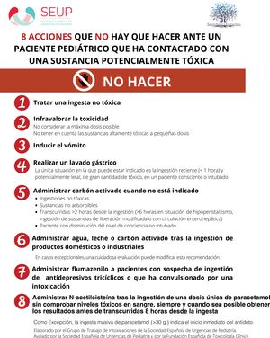Ocho acciones que no hay que hacer ante un paciente pediátrico que ha contactado con una sustancia potencialmente tóxica.