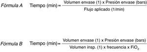 Cálculo de la autonomía de gases medicinales en transporte. Fórmula A (tiempo en minutos de autonomía del gas medicinal aplicando flujo constante con caudalímetro). Fórmula B (tiempo en minutos de autonomía en paciente conectado a ventilación mecánica). FiO2: fracción inspirada de oxígeno; Volumen insp.: volumen inspiratorio.
