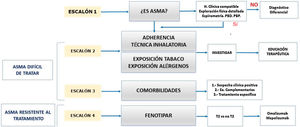 Evaluación escalonada del asma grave y mal controlada. PBD: prueba de broncodilatación; PBP: prueba de broncoprovocación.