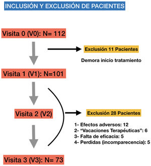 Exclusiones y pérdidas a lo largo del estudio.