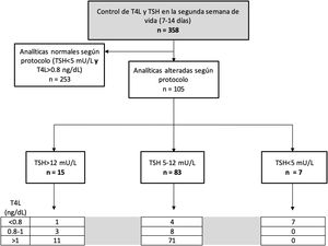Distribución de valores de función tiroidea en nuestra población, según los rangos definidos por protocolo.