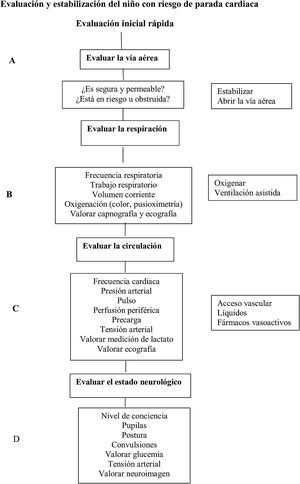 Evaluación y estabilización del niño con riesgo de parada cardiaca.