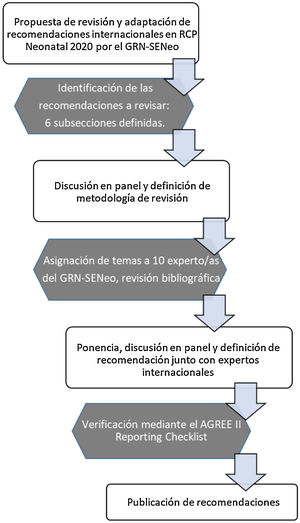 Diagrama de flujo de la metodología usada en la revisión y adaptación de las recomendaciones internacionales en RCP neonatal por el GRN-SENeo5.