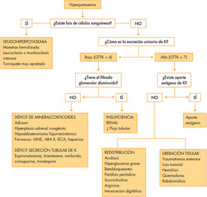 Etiología y algoritmo diagnóstico de la hiperpotasemia. AINE: antiinflamatorios no esteroideos; ARAII: antagonistas de los receptores de la angiotensina II; GTTK: gradient transtubular de K; IECA: inhibidores de la enzima conversiva de angiotensina.