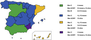 Calendarios de vacunación meningocócica vigentes en España. En abril de 2022 existen en España al menos 4 calendarios vacunales anti-meningocócicos distintos, 3 de ellos más completos y divergentes con el consensuado en el Consejo Interterritorial del Sistema Nacional de Salud, lo que supone una fuente de inequidad basada en el código postal.