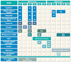 Calendario de inmunizaciones de la Asociación Española de Pediatría: recomendaciones 2023. (1) Vacuna antihepatitis B (HB). Tres dosis, en forma de vacuna hexavalente, a los 2, 4 y 11 meses de edad. Los hijos de madres HBsAg positivas recibirán en las primeras 12 horas de vida una dosis de vacuna y otra de IGHB (0,5 ml). Si la serología materna fuera desconocida, deberá administrarse la vacuna en las primeras 12 horas y realizar serología y si resultara positiva administrar 0,5 ml de IGHB, preferentemente en las primeras 72 horas de vida. Los lactantes vacunados al nacimiento seguirán el calendario habitual del primer año, por lo que recibirán 4 dosis de HB. A los niños y adolescentes no vacunados se les administrarán 3 dosis de vacuna monocomponente según la pauta 0, 1 y 6 meses. (2) Vacuna frente a la difteria, el tétanos y la tosferina (DTPa/Tdpa). Cinco dosis: primovacunación con 2 dosis, a los 2 y 4 meses, de vacuna DTPa-VPI-Hib-HB (hexavalente); refuerzo a los 11 meses (3.ª dosis) con DTPa (hexavalente); a los 6 años (4.ª dosis) con el preparado de carga estándar (DTPa-VPI), preferible al de baja carga antigénica de difteria y tosferina (Tdpa-VPI) y a los 12-14 años (5.ª dosis) con Tdpa. En los casos vacunados anteriormente con la pauta 3+1 (2, 4, 6 y 18 meses), en la dosis de los 6 años se podrá utilizar Tdpa, ya que no precisan nuevas dosis de vacuna frente a la poliomielitis. (3) Vacuna antipoliomielítica inactivada (VPI). Cuatro dosis: primovacunación con 2 dosis, a los 2 y 4 meses, y refuerzos a los 11 meses (con hexavalentes) y a los 6 años (con DTPa-VPI o Tdpa-VPI). En los casos vacunados anteriormente con la pauta 3+1 (2, 4, 6 y 18 meses), no se precisan más dosis de VPI. (4) Vacuna conjugada frente al Haemophilus influenzae tipo b (Hib). Tres dosis: primovacunación a los 2 y 4 meses y refuerzo a los 11 meses con hexavalentes. (5) Vacuna conjugada frente al neumococo (VNC). Tres dosis: las 2 primeras a los 2 y 4 meses, con un refuerzo a partir de los 11 meses de edad. La vacuna recomendada en nuestro país por el CAV-AEP sigue siendo la VNC13. (6) Vacuna frente al rotavirus (RV). Dos o tres dosis de vacuna frente al rotavirus: a los 2 y 3-4 meses con la vacuna monovalente; o a los 2, 3 y 4 meses o 2, 3-4 y 5-6 meses con la pentavalente. Para minimizar el riesgo raro de invaginación intestinal, la pauta ha de iniciarse entre las 6 y las 12 semanas de vida y debe completarse antes de las 24 semanas en la monovalente y de las 33 en la pentavalente. El intervalo mínimo entre dosis es de 4 semanas. Ambas vacunas se pueden coadministrar con cualquier otra (a excepción de la vacuna de la poliomielitis oral, no comercializada en España). (7) Vacuna frente al meningococo B (MenB). 4CMenB. Tres dosis: se iniciará a los 2 meses de edad, con 2 dosis separadas por 2 meses y un refuerzo a partir de los 12 meses, siempre que hayan pasado, al menos, 6 meses de la última dosis de primoinmunización. Se puede coadministrar con las otras vacunas del calendario, aunque podría producir más fiebre; por lo que también se podría aplicar con una separación de 1 o 2 semanas con las otras vacunas inactivadas inyectables de primovacunación, para minimizar su posible reactogenicidad. No es necesaria la separación de 1 o 2 semanas con las vacunas MenACWY, triple vírica, varicela y rotavirus. Para el resto de las edades, la recomendación es de tipo individual con cualquiera de las dos vacunas (4CMenB o MenB-fHbp), respetando la edad mínima autorizada para cada una de ellas. También se recomienda a cualquier edad en grupos de riesgo: asplenia anatómica o funcional, déﬁcit de factores de complemento, tratamiento con eculizumab o ravulizumab, receptores de trasplante de progenitores hematopoyéticos, infección por VIH, episodio previo de EMI por cualquier serogrupo y contactos de un caso índice de EMI por serogrupo B en el contexto de un brote epidémico. (8) Vacuna conjugada frente al meningococo C (MenC) y vacuna frente a los meningococos ACWY (MenACWY). Una dosis de vacuna conjugada MenC-TT a los 4 meses de edad. A los 12 meses y a los 11-13 años se recomienda una dosis de la vacuna MenACWY, aconsejándose un rescate progresivo hasta los 18 años. En CC. AA. donde no está incluida la vacuna MenACWY a los 12 meses en calendario sistemático, si los padres deciden no administrarla, deberá aplicarse la MenC-TT financiada por su comunidad. Para el resto de las edades, la recomendación es de tipo individual. También se sigue recomendando especialmente MenACWY para niños y adolescentes que vayan a residir en países en los que la vacuna se indique a esas edades (Canadá, EE. UU., Argentina, Chile, Arabia Saudí, Australia, Andorra, Austria, Bélgica, Chipre, Grecia, Irlanda, Italia, Malta, Países Bajos, Reino Unido, República Checa, San Marino y Suiza) y para los que tengan factores de riesgo de EMI: asplenia anatómica o funcional, déficit de factores del complemento, tratamiento con eculizumab o ravulizumab, receptores de trasplante de progenitores hematopoyéticos, infección por VIH, episodio previo de EMI por cualquier serogrupo y contactos de un caso índice de EMI por serogrupo A, C, W o Y en el contexto de un brote epidémico. Los viajeros a La Meca por razones religiosas y al llamado cinturón de la meningitis africano durante la estación seca deben recibir también MenACWY. (9) Vacuna frente a la gripe. Se recomienda esta vacunación para todos los niños de 6 a 59 meses de edad con vacunas inactivadas por vía intramuscular (algún preparado admite también la vía subcutánea profunda), o con vacuna atenuada intranasal, esta última a partir de los 2 años de edad. En niños menores de 9 años no vacunados en otras campañas se aplicarán dos dosis separadas por 4 semanas; posteriormente precisarán una sola dosis para el resto de las campañas. La dosis es de 0,5 ml intramuscular en las inactivadas y de 0,1 ml en cada fosa nasal para la atenuada. También se recomienda para todos los grupos de riesgo y convivientes a partir de 6 meses de edad. Para consultar los grupos de riesgo de esta vacuna se puede acceder al Manual de vacunas en línea. (10) Vacuna frente al sarampión, la rubeola y la parotiditis (SRP). Dos dosis de vacuna del sarampión, rubeola, y parotiditis (triple vírica). La 1.ª a los 12 meses y la 2.ª a los 3-4 años de edad. La 2.ª dosis se podría aplicar en forma de vacuna tetravírica (SRPV). En pacientes susceptibles fuera de las edades anteriores, se recomienda la vacunación con 2 dosis de SRP con un intervalo de, al menos, un mes. (11) Vacuna frente a la varicela (Var). Dos dosis: la 1.ª a los 15 meses (también es aceptable a partir de los 12 meses de edad) y la 2.ª a los 3-4 años de edad. La 2.ª dosis se podría aplicar en forma de vacuna tetravírica (SRPV). En pacientes susceptibles fuera de las edades anteriores, se recomienda vacunación con 2 dosis de vacuna monocomponente con un intervalo de, al menos, un mes, siendo recomendable 12 semanas en los menores de 13 años. (12) Vacuna frente al SARS-CoV-2. Actualmente están autorizadas dos vacunas en nuestro país a partir de los 12 años, Comirnaty-30 mcg (Pfizer) y Spikevax-100 mcg (Moderna) y otras dos más para menores de esa edad: una entre los 5 y los 11 años, Comirnaty, con menor cantidad de antígeno (Comirnaty-10 mcg), y otra, Spikevax-100 mcg (Moderna) con la mitad de la dosis (0,25 ml) entre los 6 y los 11 años. Se aplicarán dos dosis. La Comisión de Salud Pública de España ha decidido que la separación entre las 2 dosis de Comirnaty 10 mcg y de Spikevax-100 mcg (0,25 ml) en niños menores de 12 años sea de 8 semanas. Si se administran por error antes de ese intervalo, se considerarán válidas a partir de los 21 y 28 días de la primera dosis, respectivamente. Se pueden administrar con otras vacunas el mismo día o con la separación que se desee. En menores de 18 años no está indicada en la actualidad una tercera dosis (dosis de recuerdo), aunque sí en los niños y adolescentes a partir de los 5 años con condiciones de muy alto riesgo o que reciban tratamiento inmunosupresor, que recibirán una tercera (dosis adicional, a partir de 8 semanas tras la última dosis de primovacunación) y una cuarta dosis (dosis de recuerdo, a partir de 5 meses tras la dosis adicional). Se han autorizado por la EMA otras 2 vacunas: para niños de 6 meses a 4 años, Comirnaty-3 mcg (Pfizer) en 3 dosis y para niños entre 6 meses y 5 años, Spikevax-25 mcg (Moderna) en 2 dosis. La Comisión de Salud Pública ha aprobado la vacunación de los grupos de riesgo desde los 6 meses de edad con estas vacunas. (13) Vacunación sistemática universal frente al VPH, tanto de chicas como de chicos, a los 10-12 años, con dos dosis. Las vacunas disponibles en la actualidad son VPH2 y VPH9. Las dos están autorizadas en varones, aunque con VPH2 es aún escasa la experiencia en ellos. Pautas de vacunación: dos dosis (0 y 6 meses) entre 9 y 14 años y pauta de tres dosis [0,1-2 (según preparado vacunal) y 6 meses] para ≥15 años. Es posible su coadministración con las vacunas MenC, MenACWY, hepatitis A y B y Tdpa. No hay datos de coadministración con la vacuna de la varicela, aunque no debería plantear problemas. (14) Virus respiratorio sincitial. Se recomienda nirsevimab (anticuerpo anti-VRS) en todos los recién nacidos y lactantes menores de seis meses y su administración anual a niños menores de dos años con enfermedades subyacentes que aumenten el riesgo de infección grave por VRS.