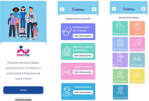 Pantallas principales de la app: pantalla de inicio, perfiles de acceso, grupos etarios.