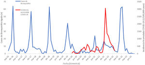 Número de casos por mes/año e incidencia acumulada de casos de COVID-19 durante la pandemia.