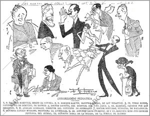 Una visión caricaturesca de algunos de los participantes en el congreso firmada por F. G. Fresno. Imagen tomada de ABC, Madrid, 13 septiembre de 1923, p. 13.