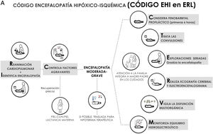 Código encefalopatía hipóxico-isquémica (A) y algoritmo de aplicación (B) en entornos con recursos limitados.