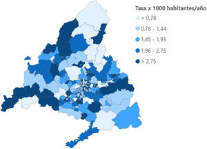 Distribución de las tasas brutas de incidencia de asma registrado en niños de 6 a 14 años por 1.000 habitantes/año, por Zona Básica de Salud en la Comunidad de Madrid. Año 2021.