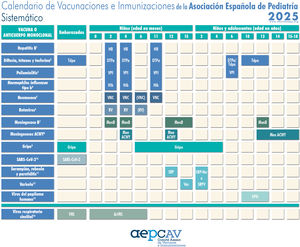 Calendario de Vacunaciones e Inmunizaciones de la Asociación Española de Pediatría: recomendaciones 2025. Vacunación sistemática. (1) Vacuna frente a la hepatitis B (HB). Tres dosis, en forma de vacuna hexavalente, a los dos, cuatro y 11 meses de edad. A los niños y adolescentes no vacunados se les administrarán tres dosis de vacuna monocomponente según la pauta 0, uno y seis meses. (2) Vacuna frente a la difteria, el tétanos y la tosferina (DTPa/Tdpa). Cinco dosis: primovacunación con dos dosis (a los dos y cuatro meses) y refuerzo a los 11 meses (3.ª dosis) con vacuna hexavalente contra difteria, tétanos, tosferina, hepatitis b, H. influenzae y poliomielitis (DTPa-HB-Hib-VPI); a los seis años (4.ª dosis) con el preparado de carga estándar (DTPa-VPI), preferible al de baja carga antigénica de difteria y tosferina (Tdpa-VPI) y a los 10-12 años (5.ª dosis) con Tdpa. En los casos vacunados anteriormente con la pauta 3+1 (dos, cuatro, seis y 18 meses), en la dosis de los seis años se podrá utilizar Tdpa, ya que no precisan nuevas dosis de vacuna frente a la poliomielitis. Se recomienda Tdpa en cada embarazo entre las semanas 27 y 36 de gestación, preferiblemente en la 27-28. En caso de parto prematuro probable, se puede administrar a partir de la semana 20, tras haber realizado la ecografía de alta resolución. (3) Vacuna inactivada frente a poliomielitis (VPI). Cuatro dosis: primovacunación con dos dosis, a los dos y cuatro meses, y refuerzos a los 11 meses (con hexavalentes) y a los seis años (con DTPa-VPI o Tdpa-VPI). En los casos vacunados anteriormente con la pauta 3+1 (dos, cuatro, seis y 18 meses), no se requieren más dosis de VPI. Los niños procedentes de países que utilizan la polio oral y que hayan recibido una pauta de dos o tres dosis exclusivamente con VPO bivalente (a partir de abril de 2016, que es cuando se produjo el cambio impulsado por la OMS a nivel mundial de trivalente por bivalente), deben recibir, al menos, dos dosis de VPI separadas por, al menos, seis meses, para garantizar la protección contra el serotipo 2 de poliovirus. (4) Vacuna conjugada frente al H. influenzae tipo b (Hib). Tres dosis: primovacunación a los dos y cuatro meses y refuerzo a los 11 meses con hexavalentes. (5) Vacuna conjugada frente al neumococo (VNC). Tres o cuatro dosis: pauta 2+1 con la VNC15 (dos, cuatro y 11 meses) o pauta 3+1 (dos, cuatro, seis y 11 meses) con la VNC20. (6) Vacuna frente al rotavirus (RV). Dos o tres dosis de vacuna: a los dos y tres a cuatro meses con la vacuna monovalente; o a los dos, tres y cuatro meses o dos, tres a cuatro y cinco a seis meses con la pentavalente. Para minimizar el riesgo, aunque raro, de invaginación intestinal, la pauta ha de iniciarse entre las seis y las 12 semanas de vida y debe completarse antes de las 24 semanas con la monovalente y de las 33 con la pentavalente. El intervalo mínimo entre dosis es de cuatro semanas. Ambas vacunas se pueden coadministrar con cualquier otra (a excepción de la vacuna de la poliomielitis oral, no comercializada en España). (7) Vacuna frente al meningococo B (MenB). 4CMenB. Tres dosis: se iniciará a los dos meses de edad, con dos dosis separadas por dos meses y un refuerzo a partir de los 12 meses, siempre que hayan pasado, al menos, seis meses de la última dosis de primoinmunización; es recomendable la coadministración de 4CMenB con todas las vacunas de los calendarios vacunales infantiles. En la adolescencia, vacunación sistemática a los 12 años en no vacunados con anterioridad con cualquiera de las dos vacunas; a los que hayan completado la vacunación en la edad infantil, una dosis de refuerzo con 4CMenB (no se admite la intercambiabilidad entre vacunas antimeningocócicas B). Para el resto de las edades, la recomendación es de tipo individual con cualquiera de las dos vacunas (4CMenB o MenB-fHbp), respetando la edad mínima autorizada para cada una de ellas. (8) Vacuna conjugada frente a los meningococos ACWY (MenACWY). Una dosis de vacuna conjugada MenACWY-TT (meningococos ACWY conjugados con toxoide tetánico) a los cuatro meses de edad si está en el calendario financiado de la comunidad autónoma; si no lo estuviera se seguirá la pauta marcada por la ficha técnica de MenACWY-TT (Pfizer); refuerzo a los 12 meses con MenACWY-TT (Pfizer) o MenACWY-TT (Sanofi). En la adolescencia (11-13 años) se recomienda una dosis de MenACWY, aconsejándose un rescate hasta los 18 años. En CC. AA. donde no está incluida la vacuna MenACWY a los cuatro y 12 meses en calendario sistemático, si los padres deciden no administrarla, deberá aplicarse la MenC-TT financiada por su comunidad. Para el resto de las edades, la recomendación es de tipo individual. (9) Vacuna frente a la gripe. Se recomienda para todos los niños de seis a 59 meses de edad, con vacunas inactivadas por vía intramuscular (algún preparado admite también la vía subcutánea profunda) o con vacuna atenuada intranasal, esta última a partir de los dos años de edad y de forma preferente. También como recomendación individual se pueden vacunar los niños y adolescentes de cinco a 18 años de edad. Se aplicará una sola dosis a partir de los seis meses de edad, salvo que sea grupo de riesgo menor de nueve años, en cuyo caso se aplicarán dos dosis separadas por cuatro semanas si es la primera vez que se vacuna. La dosis es de 0,5mL intramuscular en las inactivadas y de 0,1mL en cada fosa nasal para la atenuada. Se recomienda la vacunación frente a la gripe en cualquier trimestre del embarazo, y durante el puerperio hasta los seis meses si no se hubiera vacunado durante la gestación. (10) Vacuna frente al SARS-CoV-2. Una dosis en cualquier trimestre de gestación. Si se han vacunado con anterioridad o han pasado la infección, intervalo mínimo de tres meses respecto al evento. También indicada durante el puerperio, hasta los seis meses tras el parto si no se hubieran vacunado durante el embarazo. Se puede coadministrar con la vacuna antigripal o con la Tdpa. (11) Vacuna frente al sarampión, la rubeola y la parotiditis (SRP). Dos dosis de vacuna del sarampión, rubeola y parotiditis (triple vírica). La 1.ª a los 12 meses y la 2.ª a los dos años de edad. La 2.ª dosis se podría aplicar en forma de vacuna tetravírica (SRPV). En pacientes susceptibles fuera de las edades anteriores, se recomienda la vacunación con dos dosis de SRP con un intervalo de, al menos, un mes. (12) Vacuna frente a la varicela (Var). Dos dosis: la 1.ª a los 15 meses (también es aceptable a partir de los 12 meses de edad) y la 2.ª a los dos años de edad. La 2.ª dosis se podría aplicar en forma de vacuna tetravírica (SRPV). En pacientes susceptibles fuera de las edades anteriores, se recomienda vacunación con dos dosis de vacuna monocomponente con un intervalo de, al menos, un mes, siendo recomendable 12 semanas en los menores de 13 años. (13) Vacuna frente al virus del papiloma humano (VPH). Vacunación sistemática frente al VPH, tanto de chicas como de chicos, a los 10-12 años, con una dosis. Se recomienda la vacuna con más genotipos, VPH-9. El Ministerio de Sanidad a partir de 2025 recomienda una sola dosis hasta los 25 años de edad (solo está financiada hasta los 18 años). Es posible su coadministración con las vacunas MenACWY, hepatitis A y B y Tdpa. No hay datos de coadministración con la vacuna de la varicela, aunque no debería plantear problemas. (14) Inmunización frente al virus respiratorio sincitial (VRS). La vacuna RSVPreF se administra entre las 24 y las 36 semanas de gestación, siendo preferente su aplicación entre las semanas 32 y 36. Salud Pública para la temporada 2024-2025 no la financia, aunque está disponible en las farmacias comunitarias. Se recomienda nirsevimab (anticuerpo anti-VRS) en todos los recién nacidos durante la temporada del VRS (de octubre a marzo) y lactantes menores de seis meses (nacidos entre abril y septiembre) al inicio de la temporada.