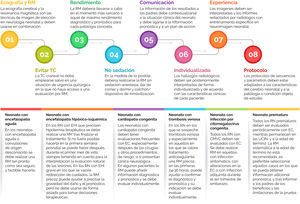 Resumen de las recomendaciones. TC: tomografía computarizada; RM: resonancia magnética; EC: ecografía cerebral; RN: recién nacido; EHI: encefalopatía hipóxico-isquémica; CMVC: citomegalovirus congénito; UCIN: unidad de cuidados intensivos neonatales.