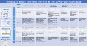 Comparación de las diferentes técnicas que permiten detectar las CNVs y las SVs. Fuente: Miller et al. 20104.