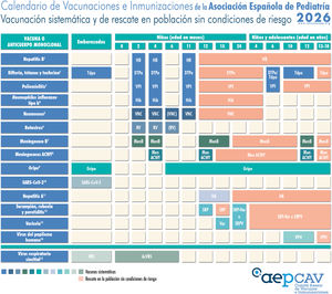 Calendario de Vacunaciones e Inmunizaciones de la Asociación Española de Pediatría: recomendaciones 2026. Vacunación sistemática. (1) Vacuna frente a la hepatitis B (HB). Tres dosis, en forma de vacuna hexavalente, a los 2, 4 y 11 meses de edad. A los niños y adolescentes no vacunados se les administrarán 3 dosis de vacuna monocomponente según la pauta 0, 1 y 6 meses. (2) Vacuna frente a la difteria, el tétanos y la tosferina (DTPa/Tdpa). Cinco dosis: primovacunación con 2 dosis (a los 2 y 4 meses) y refuerzo a los 11 meses (3.ª dosis) con vacuna DTPa-HB-Hib-VPI (hexavalente); a los 6 años (4.ª dosis) con el preparado de carga estándar (DTPa-VPI), preferible al de baja carga antigénica de difteria y tosferina (Tdpa-VPI), y a los 10-12 años (5.ª dosis) con Tdpa. En los casos vacunados anteriormente con la pauta 3+1 (2, 4, 6 y 18 meses), en la dosis de los 6 años se podrá utilizar Tdpa, ya que no precisan nuevas dosis de vacuna frente a la poliomielitis. Se recomienda Tdpa en cada embarazo entre las semanas 27 y 36 de gestación, preferiblemente en la 27-28. En caso de parto prematuro probable, se puede administrar a partir de la semana 20, tras haber realizado la ecografía de alta resolución. (3) Vacuna inactivada frente a poliomielitis (VPI). Cuatro dosis: primovacunación con 2 dosis, a los 2 y 4 meses, y refuerzos a los 11 meses (con hexavalentes) y a los 6 años (con DTPa-VPI o Tdpa-VPI). En los casos vacunados anteriormente con la pauta 3+1 (2, 4, 6 y 18 meses), no se precisan más dosis de VPI. La pauta de vacunación en niños procedentes de países donde se administra VPO o los que llevan una pauta mixta VPI/VPO puede consultarse en nuestro manual de inmunizaciones en línea. (4) Vacuna conjugada frente al Haemophilus influenzae tipo b (Hib). Tres dosis: primovacunación a los 2 y 4 meses y refuerzo a los 11 meses con hexavalentes. (5) Vacuna conjugada frente al neumococo (VNC). Tres o cuatro dosis: pauta 2+1 con la VNC15 (2, 4 y 11 meses) o pauta 3+1 (2, 4, 6 y 11 meses) con la VNC20. (6) Vacuna frente al rotavirus (RV). Dos o tres dosis de vacuna: a los 2 y 3-4 meses con la vacuna monovalente; o a los 2, 3 y 4 meses o 2, 3-4 y 5-6 meses con la pentavalente. Para minimizar el riesgo, aunque raro, de invaginación intestinal, la pauta ha de iniciarse entre las seis y las 12 semanas de vida y debe completarse antes de las 24 semanas con la monovalente y de las 33 con la pentavalente. El intervalo mínimo entre dosis es de cuatro semanas. Ambas vacunas se pueden coadministrar con cualquier otra (a excepción de la vacuna de la poliomielitis oral, no comercializada en España). (7) Vacuna frente al meningococo B (MenB). 4CMenB. Tres dosis: se iniciará a los 2 meses de edad, con 2 dosis separadas por 2 meses y un refuerzo a partir de los 12 meses, siempre que hayan pasado, al menos, 6 meses de la última dosis de primoinmunización; es recomendable la coadministración de 4CMenB con todas las vacunas de los calendarios vacunales infantiles. En la adolescencia, vacunación sistemática a los 12 años en no vacunados con anterioridad con cualquiera de las 2 vacunas; a los que hayan completado la vacunación en la edad infantil, una dosis de refuerzo con 4CMenB (no se admite la intercambiabilidad entre vacunas antimeningocócicas B). Para el resto de las edades, en no vacunados con anterioridad, rescate con cualquiera de las dos vacunas (4CMenB o MenB-fHbp), respetando la edad mínima autorizada para cada una de ellas. (8) Vacuna conjugada frente a los meningococos ACWY (MenACWY). Una dosis de vacuna conjugada MenACWY-TT a los 4 meses de edad si está en el calendario financiado de la comunidad autónoma; si no lo estuviera se seguirá la pauta marcada por la ficha técnica de MenACWY-TT (Pfizer); una dosis de refuerzo a los 12 meses de MenACWY-TT (Pfizer o Sanofi). En la adolescencia (11-13 años) se recomienda una dosis de MenACWY, aconsejándose un rescate hasta los 18 años. En CC. AA. donde no está incluida la vacuna MenACWY a los 4 y 12 meses en calendario sistemático, si los padres deciden no administrarla, deberá aplicarse la MenC-TT financiada por su comunidad. Para el resto de las edades, en no vacunados con anterioridad, rescate con cualquiera de las tres vacunas, respetando la edad mínima autorizada para cada una de ellas. (9) Vacuna frente a la gripe. Se recomienda para todos los niños y adolescentes de 6 meses a 17 años de edad, con vacunas inactivadas por vía intramuscular (algún preparado admite también la vía subcutánea profunda) o con vacuna atenuada intranasal, esta última a partir de los 2 años de edad y de forma preferente, siempre que no haya contraindicación. Se aplicará una sola dosis a partir de los 6 meses de edad, salvo que sea grupo de riesgo menor de 9 años, en cuyo caso se aplicarán 2 dosis separadas por 4 semanas si es la primera vez que se vacuna. La dosis es de 0,5mL intramuscular en las inactivadas y de 0,1mL en cada fosa nasal para la atenuada. Se recomienda la vacunación frente a la gripe en cualquier trimestre del embarazo, y durante el puerperio hasta los 6 meses si no se hubiera vacunado durante la gestación. (10) Vacuna frente al SARS-CoV-2. Una dosis en cualquier trimestre de gestación. Si vacunadas con anterioridad o si han pasado la infección, intervalo mínimo de 3 meses respecto al evento. También indicada durante el puerperio, hasta los 6 meses tras el parto si no se hubieran vacunado durante el embarazo. Se puede coadministrar con la vacuna antigripal o con la Tdpa. (11) Vacuna frente a la hepatitis A. Una sola dosis entre los 12 y 15 meses de edad. Vacunación de rescate con una dosis a niños y adolescentes sanos no vacunados con anterioridad. (12) Vacuna frente al sarampión, la rubeola y la parotiditis (SRP). Dos dosis de vacuna del sarampión, rubeola, y parotiditis (triple vírica). La 1.ª a los 12 meses y la 2.ª a los 24 meses de edad. La 2.ª dosis se podría aplicar en forma de vacuna tetravírica (SRPV). En personas susceptibles fuera de las edades anteriores, se recomienda la vacunación con 2 dosis de SRP con un intervalo de, al menos, un mes. En los mayores de 2 años susceptibles también a varicela, 2 dosis de SRPV con intervalo mínimo de 1 mes entre dosis, recomendable 3 meses por el componente de varicela. (13) Vacuna frente a la varicela (Var). Dos dosis: la 1.ª a los 15 meses (también es válida a partir de los 12 meses de edad) y la 2.ª a los 24 meses de edad. La 2.ª dosis se podría aplicar en forma de vacuna tetravírica (SRPV). En personas susceptibles fuera de las edades anteriores, se recomienda vacunación con 2 dosis de vacuna monocomponente con un intervalo de, al menos, un mes, siendo recomendable 12 semanas en los menores de 13 años. En los mayores de 2 años susceptibles también a sarampión, rubeola y/o parotiditis, 2 dosis de SRPV con intervalo mínimo de 1 mes entre dosis, recomendable 3 meses por el componente de varicela. (14) Vacuna frente al virus del papiloma humano (VPH). Vacunación sistemática frente al VPH, tanto de chicas como de chicos, a los 10-12 años, con una dosis. Se recomienda la vacuna con más genotipos, VPH-9. Vacunación de rescate financiada (una dosis) hasta los 18 años, tanto para chicas como para chicos. Es posible su coadministración con las vacunas MenACWY, hepatitis A y B y Tdpa. No hay datos de coadministración con la vacuna de la varicela, aunque no debería plantear problemas. (15) Inmunización frente al virus respiratorio sincitial (VRS). La vacuna RSVPreF se administra entre las 24 y las 36 semanas de gestación, siendo preferente su aplicación entre las semanas 32 y 36. Salud Pública para la temporada 2025-2026 no la financia, aunque está disponible en las farmacias comunitarias. Se recomienda nirsevimab (anticuerpo anti-VRS) en todos los recién nacidos durante la temporada del VRS (de octubre a marzo) y lactantes menores de seis meses (nacidos entre abril y septiembre) al inicio de la temporada.