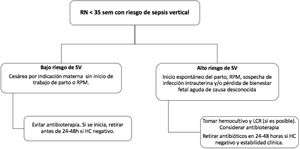 Algoritmo de manejo del recién nacido con <35 semanas y riesgo de sepsis vertical. RN: recién nacido; sem: semanas de gestación; SV: sepsis vertical; RPM: rotura prematura de membranas. HC: hemocultivo; LCR: líquido cefalorraquídeo.