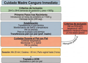 Aspectos prácticos para la implantación del Cuidado Madre Canguro Innmediato en recién nacidos prematuros y/o enfermos. VNI: ventilación no invasiva; Pref: preferentemente; FC: frecuencia cardiaca; SatO2: saturación periférica de oxígeno; Min: minutos; UCIN: Unidad de Cuidados Intensivos Neonatales.