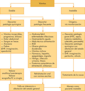 Algoritmo diagnóstico-terapéutico de los vómitos. EHP: estenosis hipertrófica del píloro; HTIC: hipertensión intracraneal; RGE: reflujo gastroesofágico.