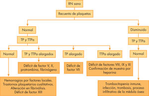 Orientación diagnóstica ante una hemorragia en un recién nacido sano. RN: recién nacido; TP: Tiempo de protrombina. TTPa: Tiempo de tromboplastina parcial