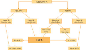 Algoritmo diagnóstico de la infección tuberculosa mediante la utilización conjunta de la PT y los IGRA. aContactos con alta prioridad, incluyendo inmunodeprimidos, niños y contactos íntimos con enfermos bacilíferos. bCon independencia del estado de vacunación con BCG. BCG: vacuna de bacilo de Calmette-Guérin; IGRA: técnica de diagnóstico in vitro (interferon-gamma release assays); PT:prueba de la tuberculina.