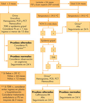 Esquema general de manejo del lactante con fiebre sin focalidad. IM: intramuscular; ITU: infección del tracto urinario; PCR:proteína C reactiva; PCT: procalcitonina; PL:punción lumbar; TDRI:prueba de diagnóstico rápido del virus Influenza; TEP: triángulo de evaluación pediátrico; VCN: vacunación antineumocócica.
