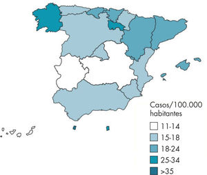 Tasas notificadas en el año 2008 en España y por comunidad autónoma.